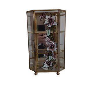 Vtg Brass & Glass Tabletop Curio Display Case 3 Tier Floral Stained Glass Motif